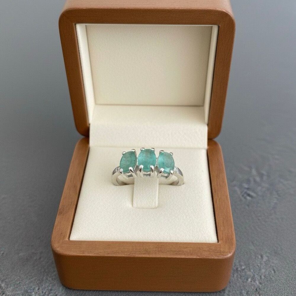 Natural Emerald Ring 925 Sterling Silver 3-Stone Trio Band Gift for Her Size 6